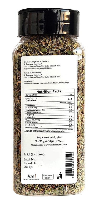 KDA Mixed Herbs | Exotic Blend of Oregano, Rosemary, Marjoram, Basil, Thyme, Parsley & Sage, 50g