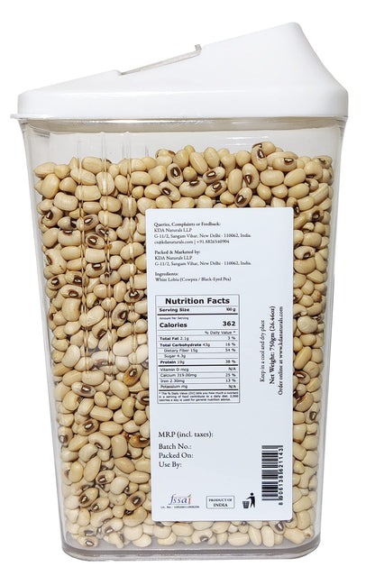 KDA White Lobia | Cowpea | Black-Eyed Pea | Handpicked & Unpolished | Free Easy Flow Container, 750g